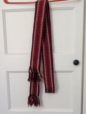 Red Sash 1970's Handwoven Black Striped Scarf Belt Fringe 82" Hippie Bohemian